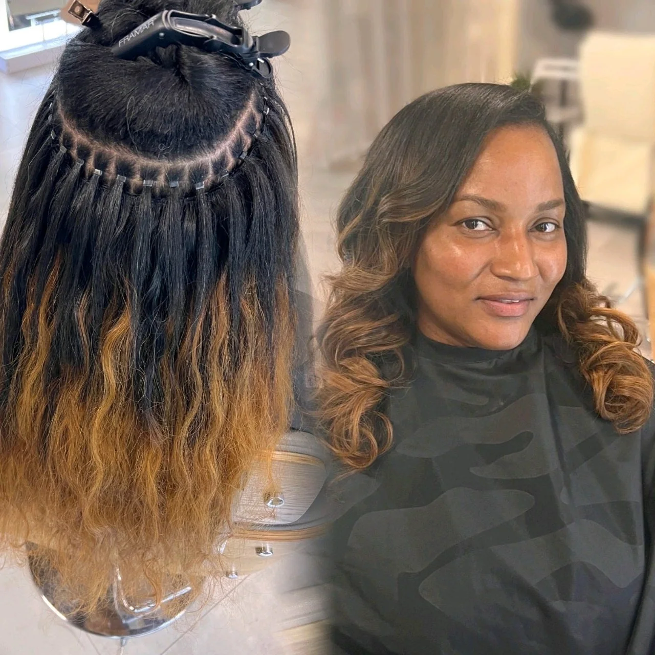 Microlink extensions before and after showing added fullness and length in Arlington, Texas.