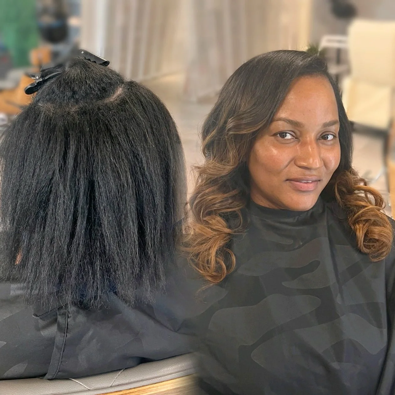 Before and after textured hair result documented at Healthy Hair Care First in Arlington, Texas.